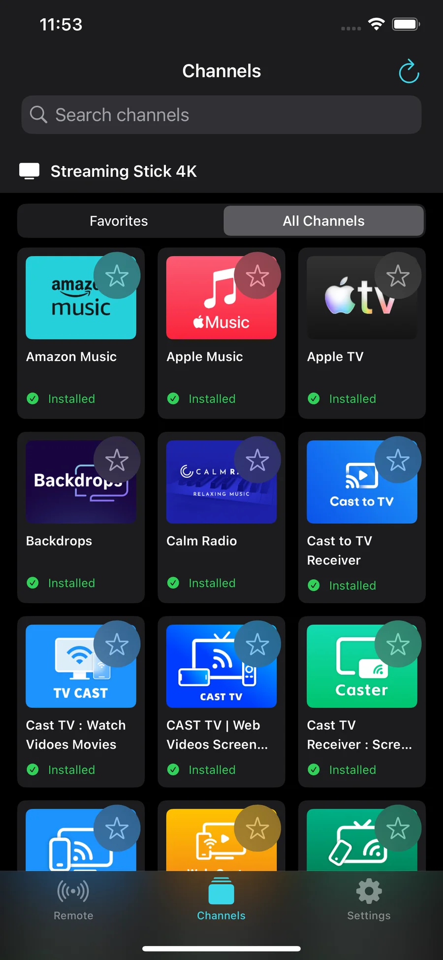 Game Controller installed channels and favorites screen